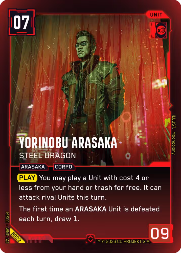 Yorinobu Arasaka - Steel Dragon Cyberpunk TCG card