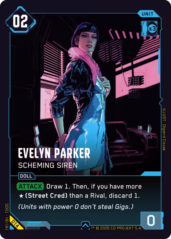 Evelyn Parker - Scheming Siren 014 Cyberpunk TCG card